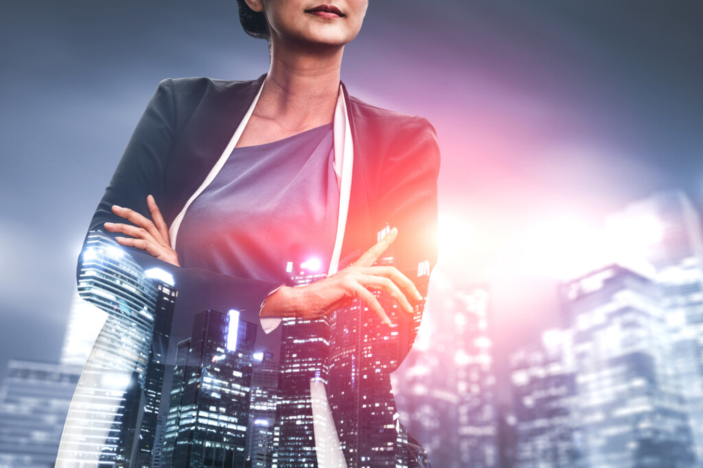Businessfrau, erfolgreiche dynamische Pose. Selbstmarketing