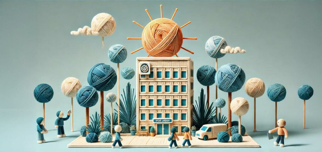 Job Crafting - KI Bild mit "gestricktem" Gebäude und Umwelt.