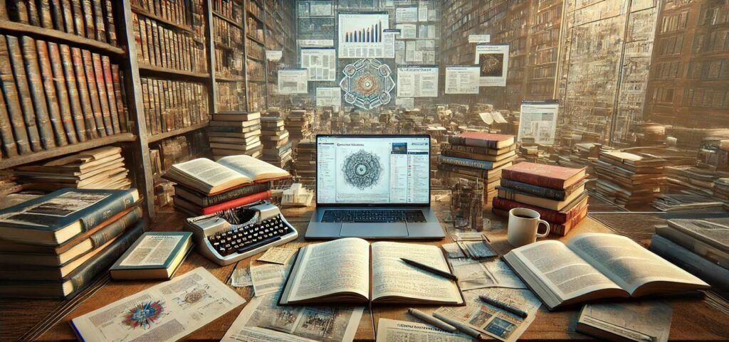 Literaturrecherche in der Bibliothek. KI erstelltes Bild eines Arbeitsplatzes