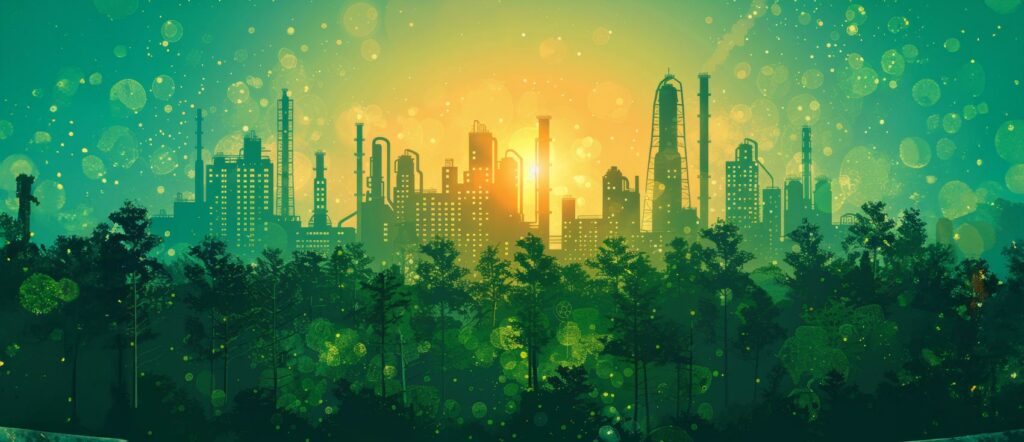 Themenschwerpunkt Karriere mit Nachhaltigkeit - Symbolbild Bäume vor Industrielandschaft