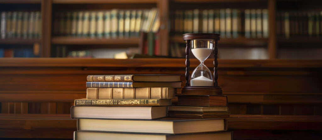 Dauer Jurastudiuem - Sand fließt durch Sanduhr auf Bücherstapel