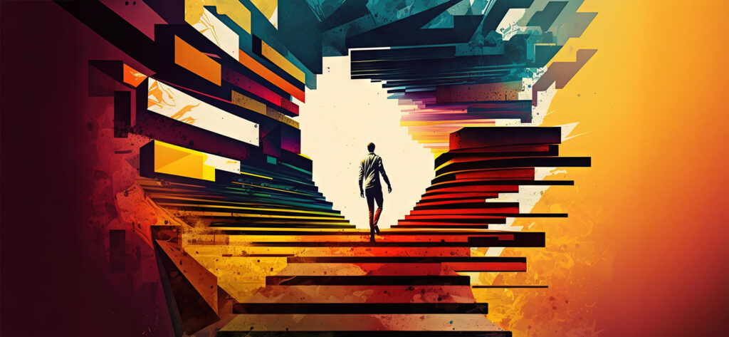 Sinnvolle Berufe - Person geht spiralförmige Treppe hoch. KI generiert